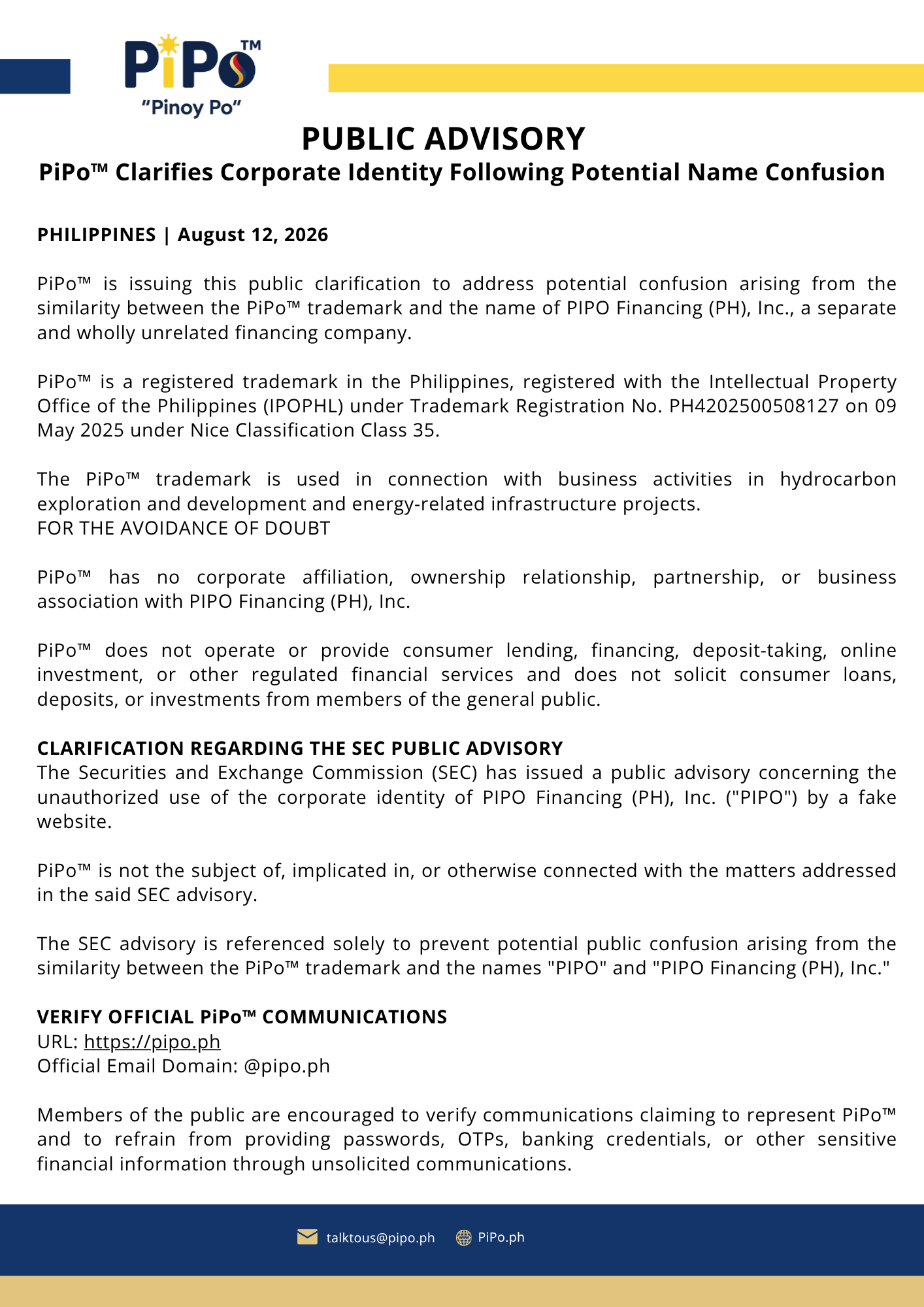 PiPo Press Release – SEC Advisory